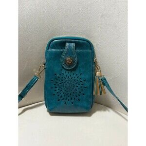 Aphison Small Crossbody Cell Phone Purse Teal Vegan Leather Tassel
